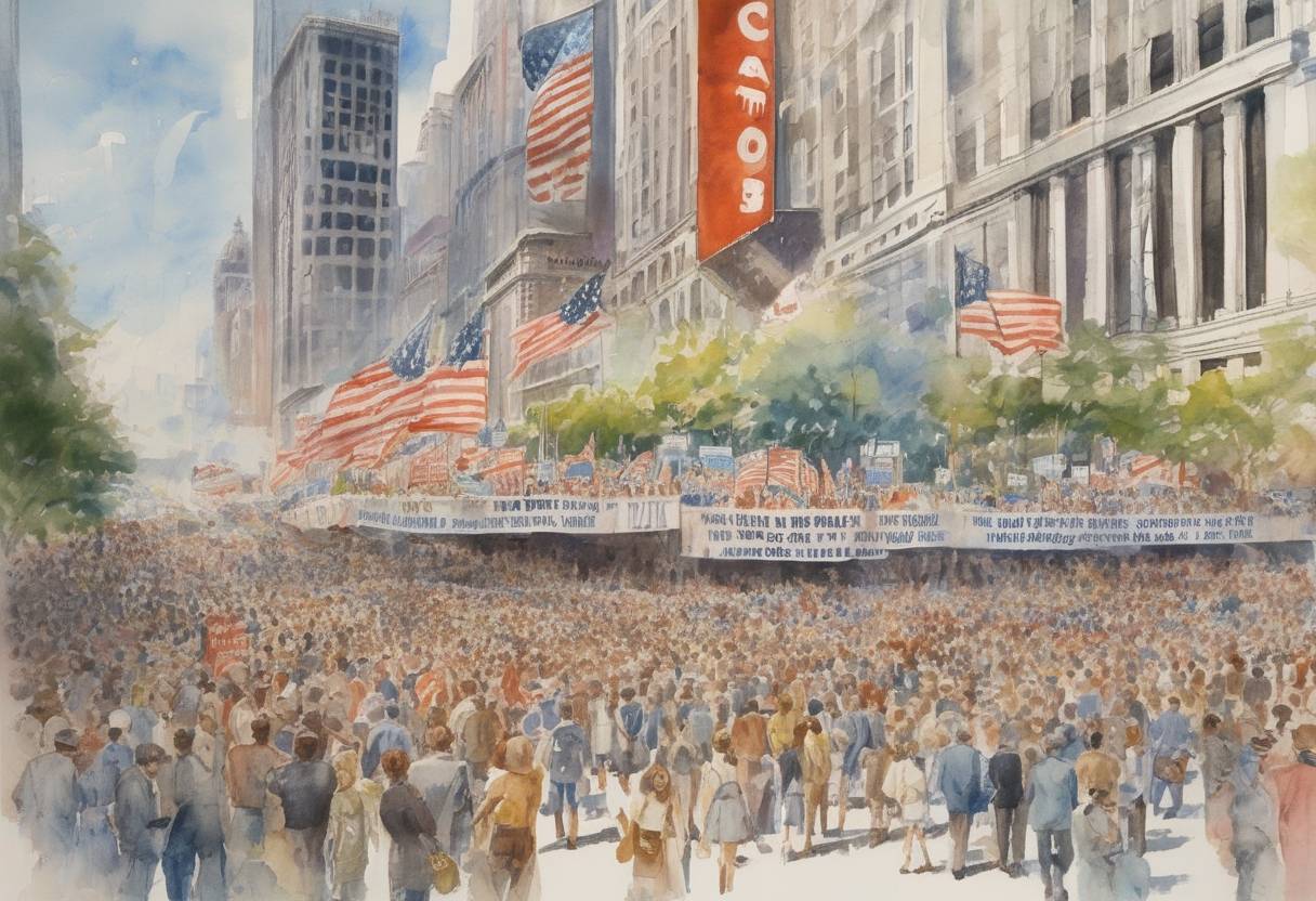Watercolor painting based depiction of The Democratic National Convention opens in Chicago, marked by anti-Vietnam War protests. (1968)