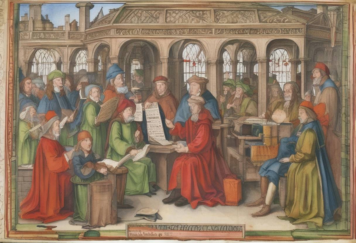 Watercolor painting based depiction of William Caxton produced the first dated printed book in England, 'Dictes or Sayengis of the Philosophres'. (1477)