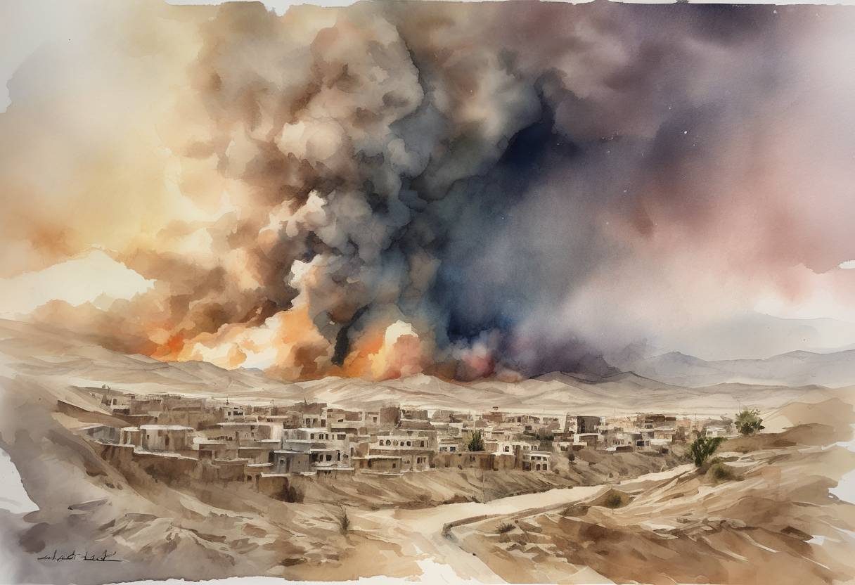 Watercolor painting based depiction of A 7.3 magnitude earthquake struck the Iran-Iraq border, killing over 600 people and injuring thousands. (2017)