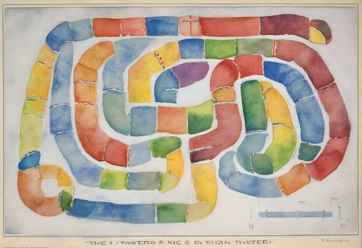 Watercolor painting based depiction of The U.S. Patent Office issues a patent for the game Twister, which becomes a popular party game. (1969)