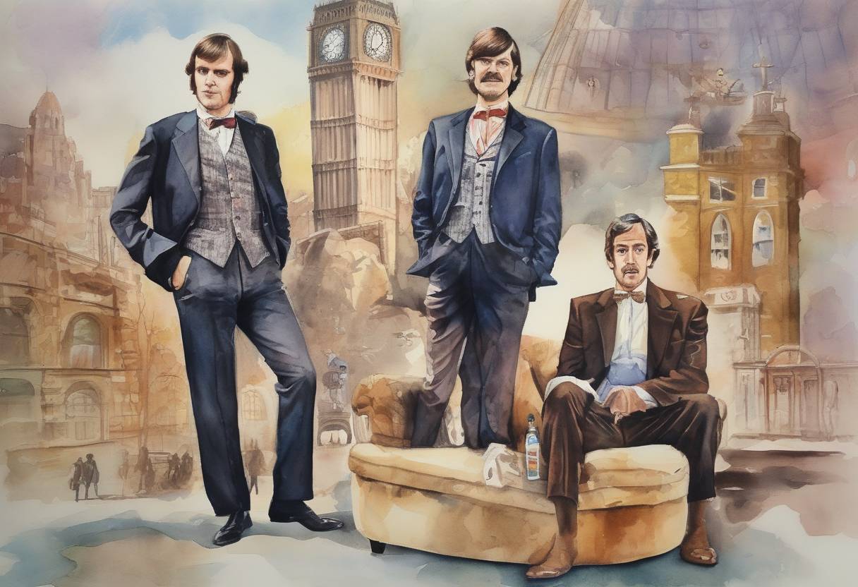 Watercolor painting based depiction of The first episode of "Monty Python's Flying Circus" aired on BBC One, introducing the world to the influential British comedy troupe. (1969)