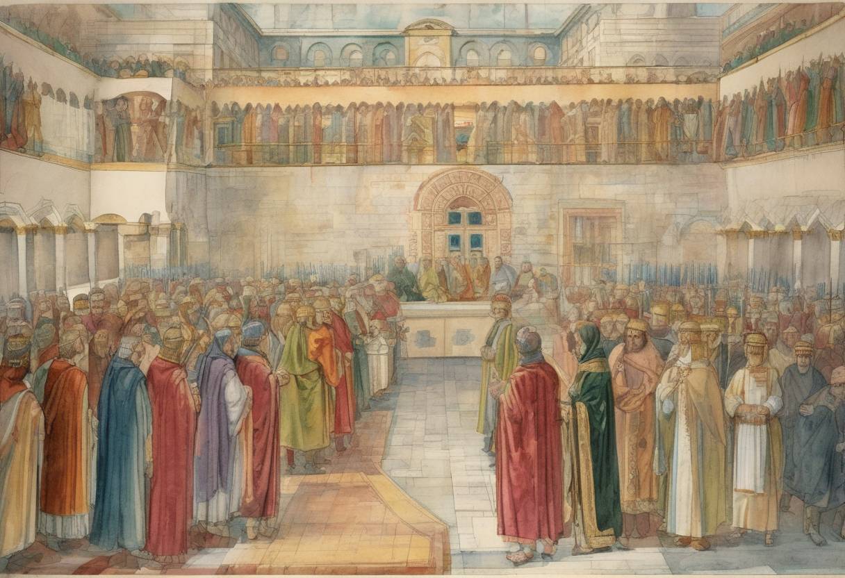 Watercolor painting based depiction of The Second Council of Constantinople, the fifth ecumenical council of the Christian Church, began under the presidency of Emperor Justinian I. The council aimed to resolve controversies related to the nature of Christ and to condemn certain writings deemed heretical. (553)