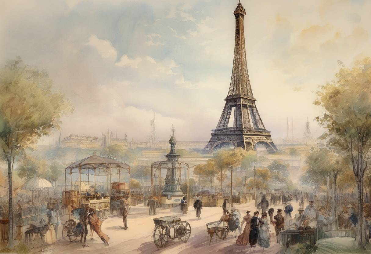Watercolor painting based depiction of The Exposition Universelle opened in Paris, France, marking the completion of the Eiffel Tower and showcasing technological advancements of the era. (1889)