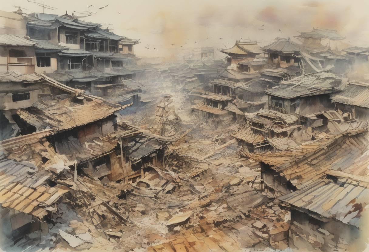 Watercolor painting based depiction of The Tangshan earthquake, one of the deadliest in recorded history, struck Tangshan, China, resulting in the deaths of hundreds of thousands of people. (1976)