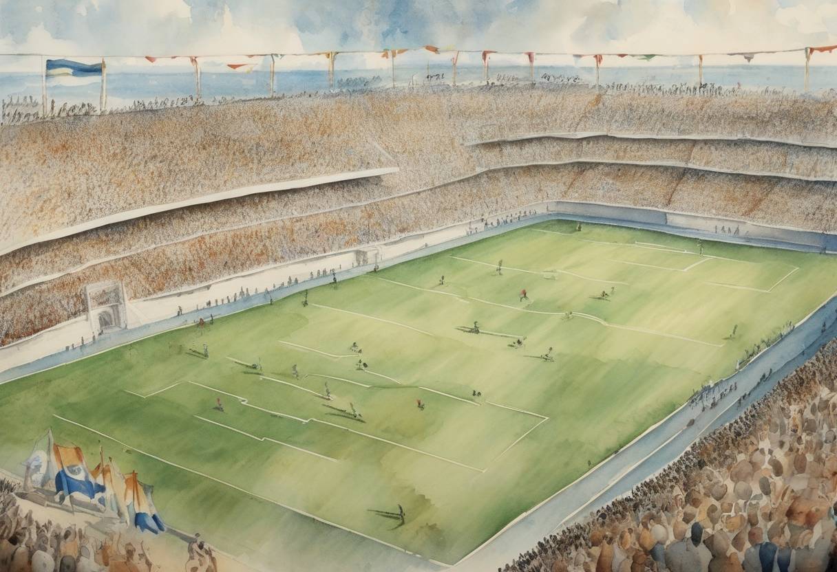 Watercolor painting based depiction of Uruguay wins the first FIFA World Cup, defeating Argentina 4-2 in the final. (1930)