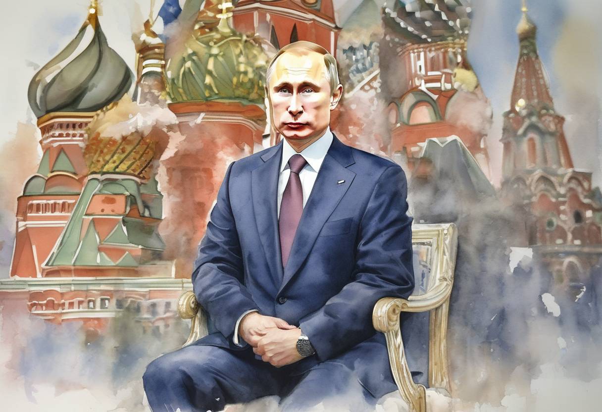 Watercolor painting based depiction of Vladimir Putin was elected President of Russia, succeeding Boris Yeltsin. (2000)