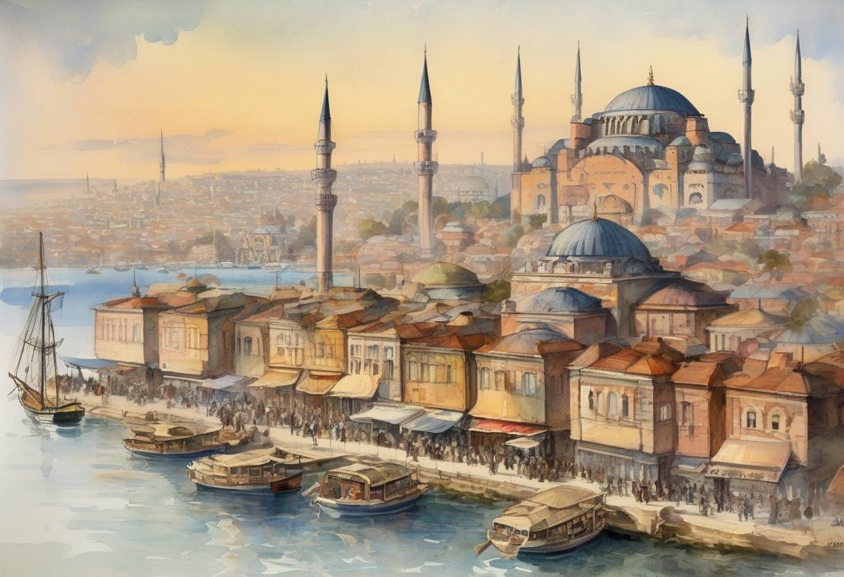 Watercolor painting based depiction of The cities of Constantinople and Angora were officially renamed to Istanbul and Ankara, respectively, as part of the Turkish government's efforts to modernize and nationalize the country. (1930)