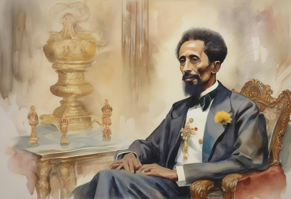 Watercolor painting based depiction of Emperor Haile Selassie I of Ethiopia is born, who would later become a significant figure in Ethiopian history and a symbol of African independence and unity. (1910)