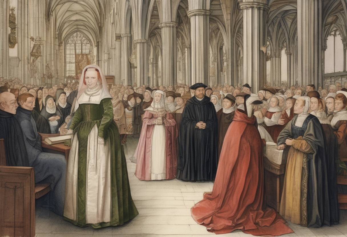 Watercolor painting based depiction of Martin Luther married Katharina von Bora, a former nun, in Wittenberg, an event that challenged the Catholic Church's celibacy rules and influenced Protestant practices. (1525)
