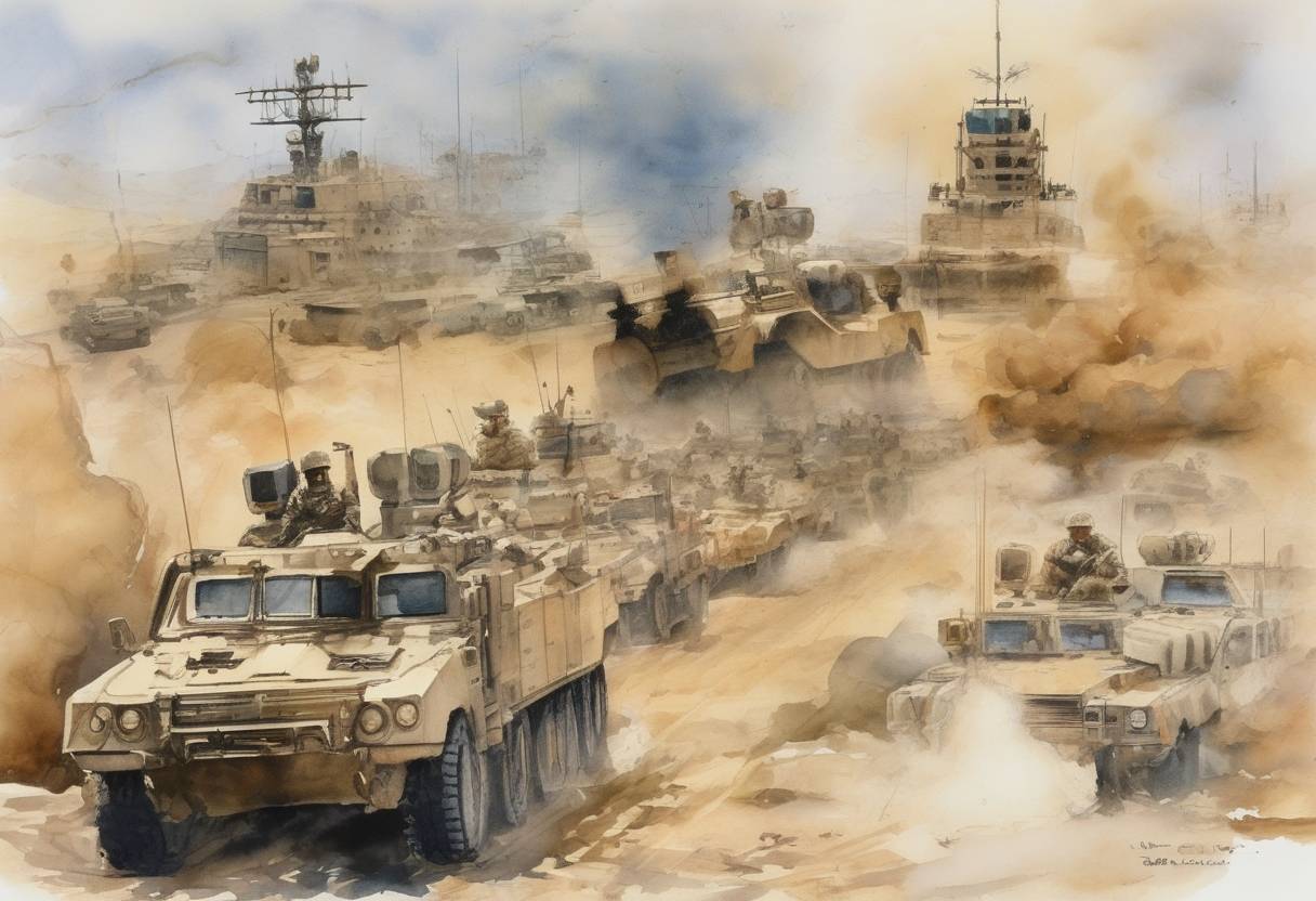 Watercolor painting based depiction of The United States Congress authorizes the use of military force to drive Iraq out of Kuwait, leading to the Gulf War. (1991)