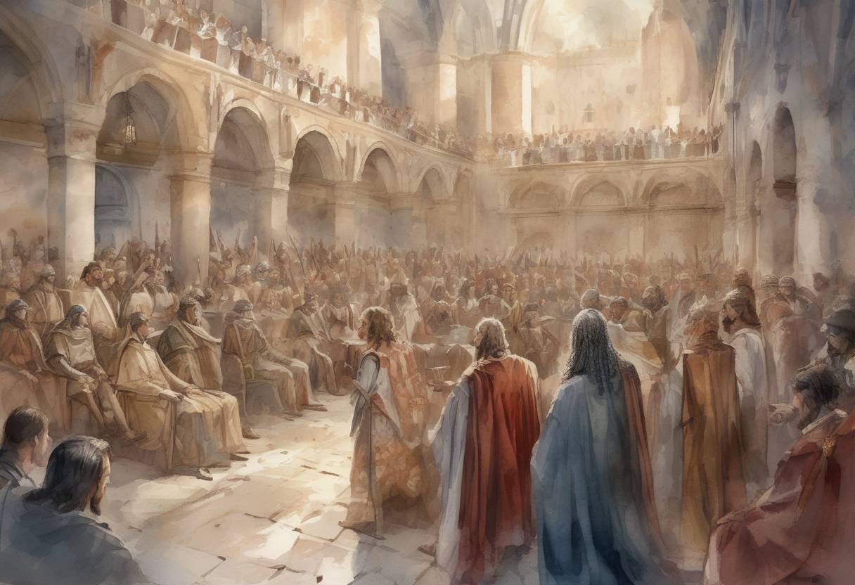 Watercolor painting based depiction of Twelfth Council of Toledo: King Erwig of the Visigoths initiates a council to reform the laws of the Visigothic Kingdom, addressing issues of governance and religious matters. (681)