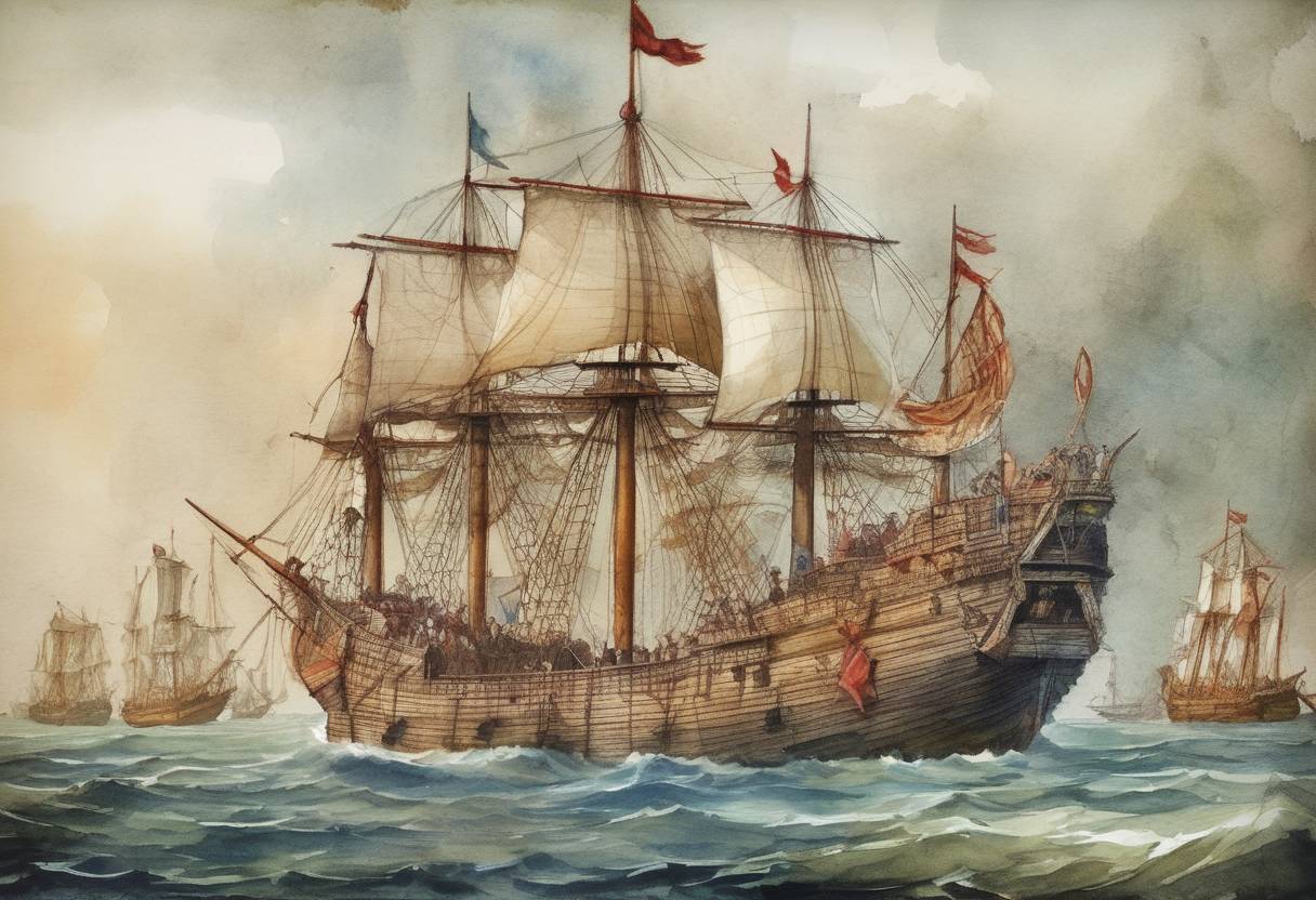 Watercolor painting based depiction of Portuguese explorer Vasco da Gama arrived at Calicut (now Kozhikode), India, becoming the first European to reach India by sea, marking a significant milestone in the Age of Discovery. (1498)