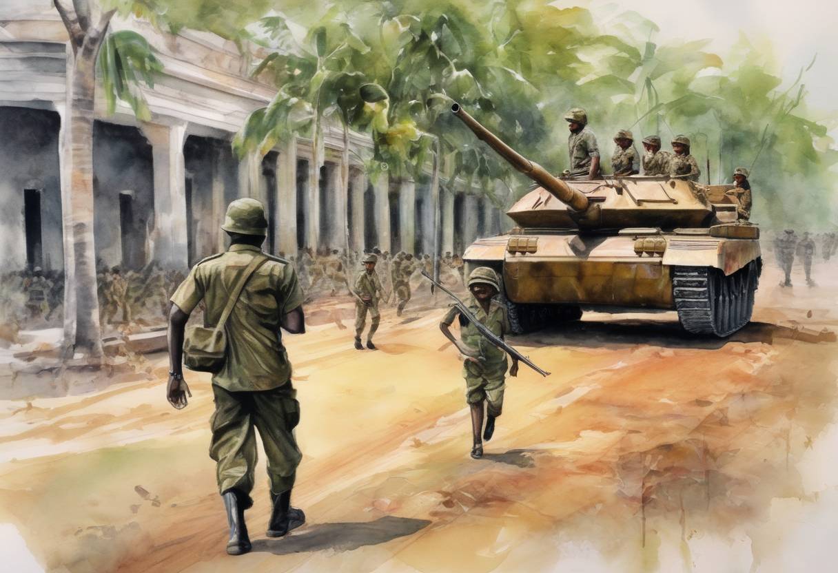 Watercolor painting based depiction of The Sri Lankan Civil War officially ends as the government declares victory over the Liberation Tigers of Tamil Eelam (LTTE), following the death of LTTE leader Velupillai Prabhakaran. (2009)