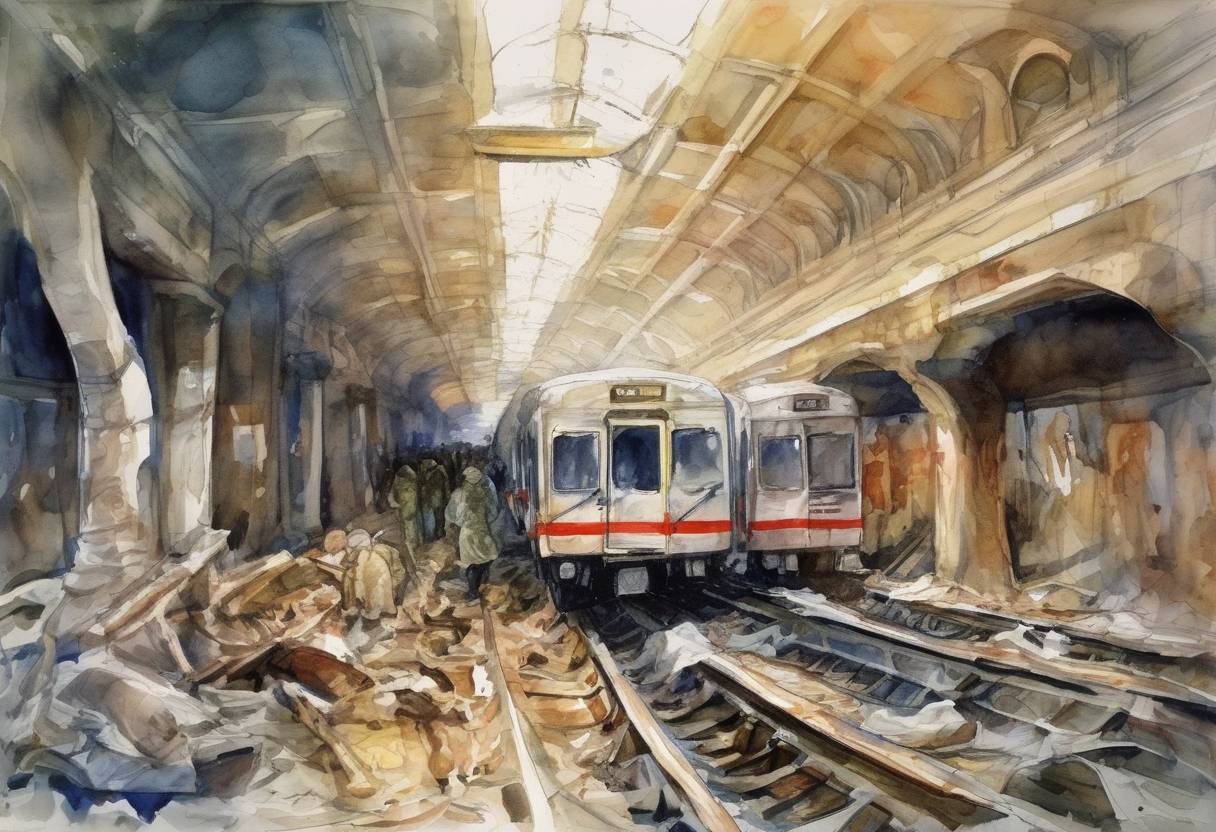 Watercolor painting based depiction of A suicide bombing on a Moscow metro train killed at least 41 people and injured over 100 others. The attack was attributed to Chechen rebels. (2004)