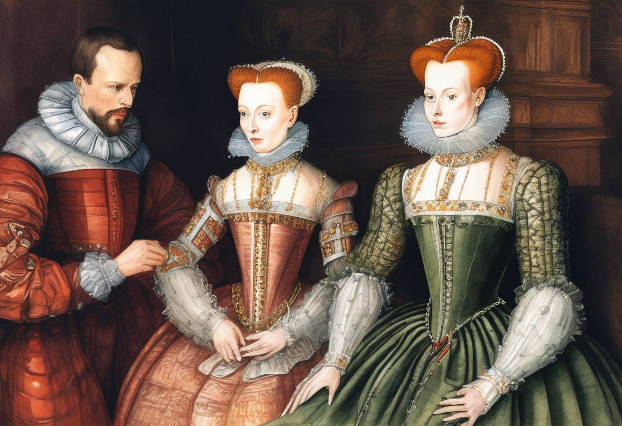 Watercolor painting based depiction of Mary, Queen of Scots, is forced to abdicate in favor of her one-year-old son, James VI. (1567)