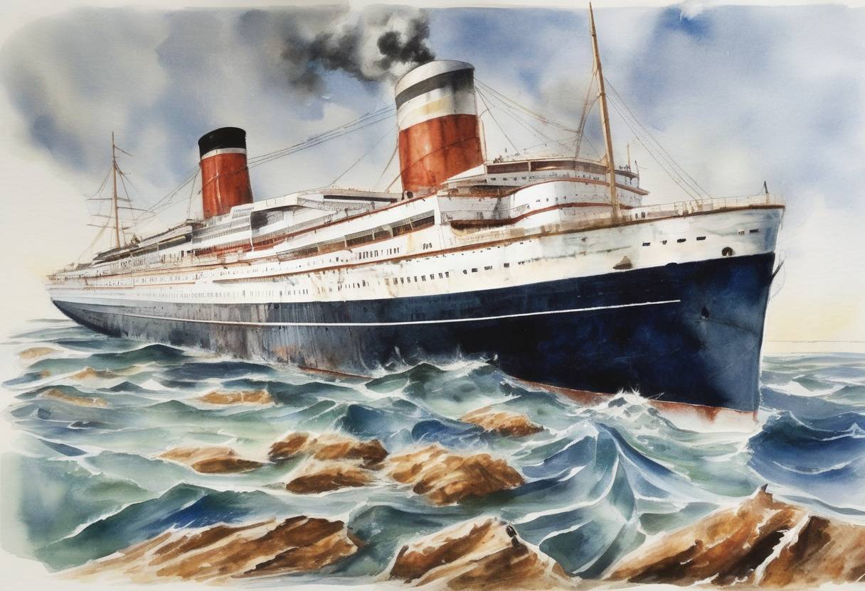 Watercolor painting based depiction of The Italian ocean liner SS Andrea Doria collided with the MS Stockholm off the coast of Nantucket, resulting in the sinking of the Andrea Doria and the loss of 46 lives. (1956)