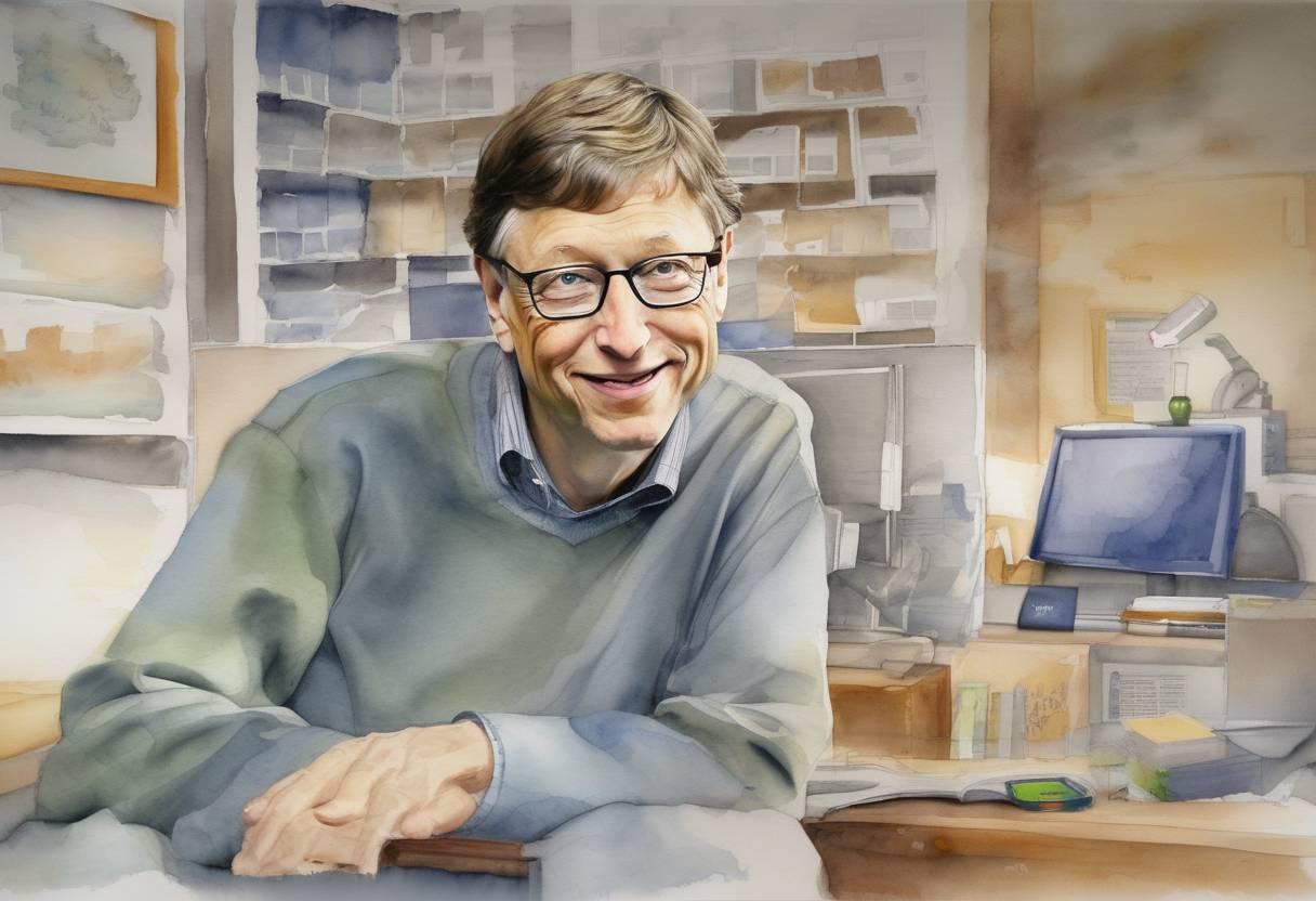 Watercolor painting based depiction of Bill Gates steps down from his day-to-day role at Microsoft to focus on the Bill & Melinda Gates Foundation. (2008)