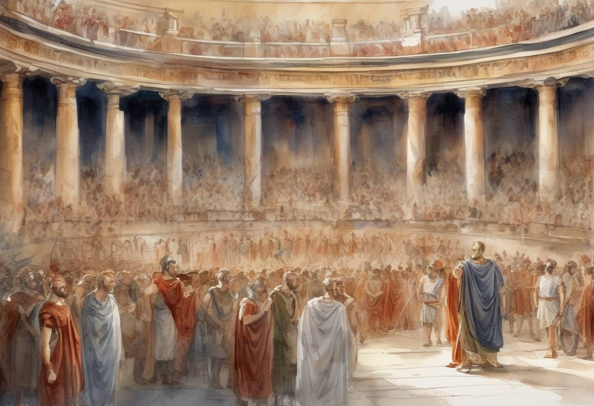 Watercolor painting based depiction of Emperor Diocletian appoints Maximian as Caesar, marking the beginning of the Tetrarchy, a system of rule by four emperors in the Roman Empire. (286)