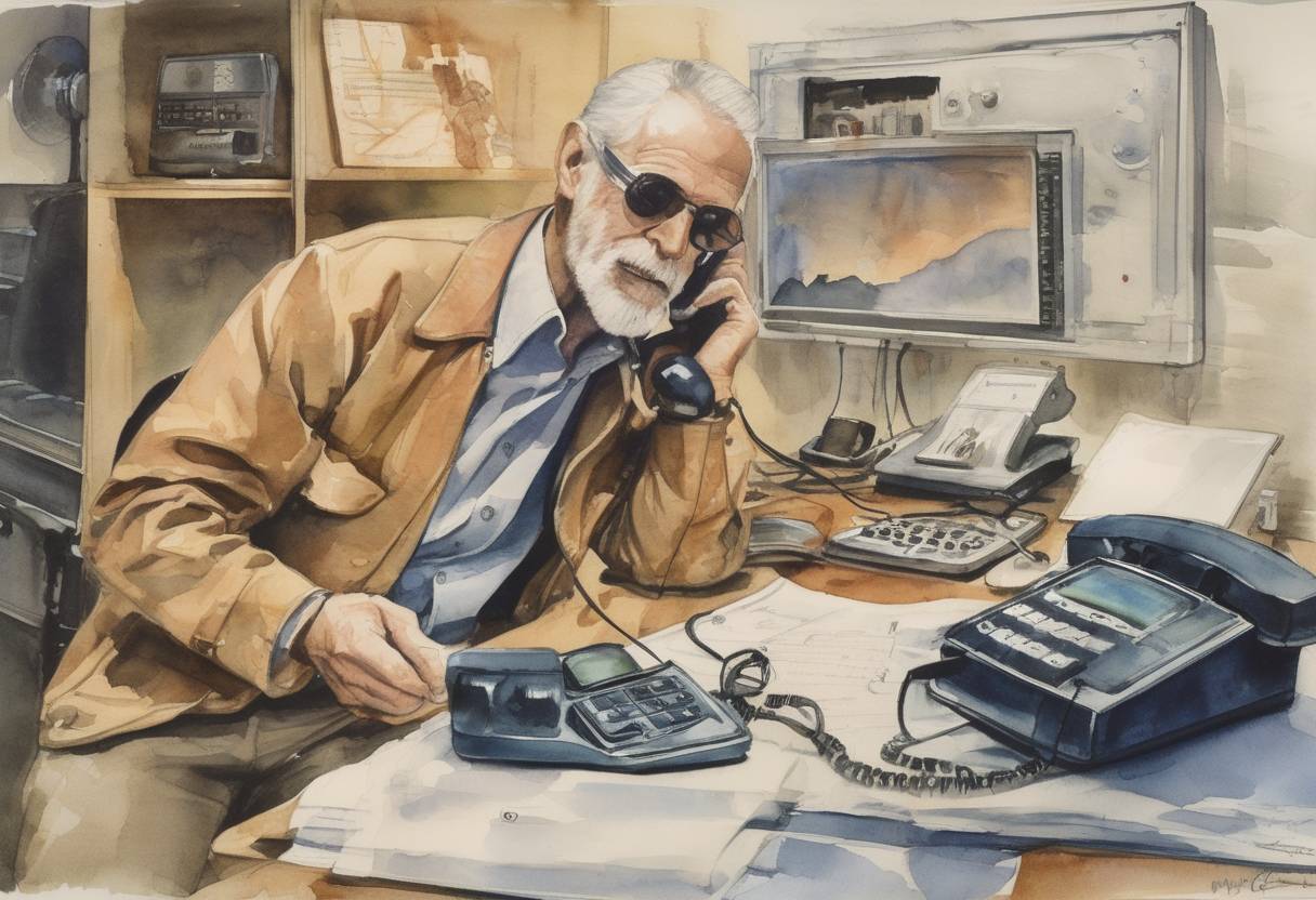Watercolor painting based depiction of The first handheld mobile phone call was made by Martin Cooper of Motorola to Dr. Joel S. Engel of Bell Labs. (1973)