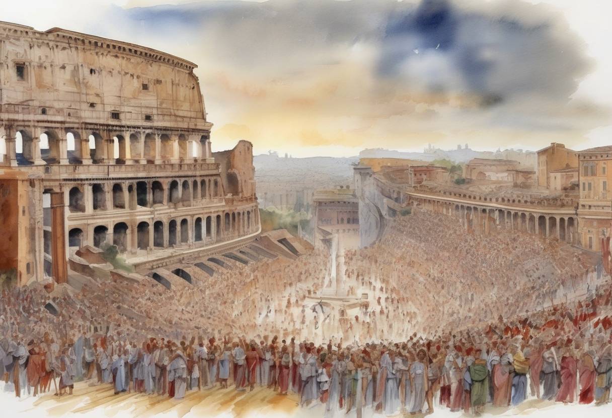 Watercolor painting based depiction of The Julian calendar, introduced by Julius Caesar, took effect for the first time. It was a reform of the Roman calendar and became the predominant calendar in the Roman world and later in most of Europe. (45)