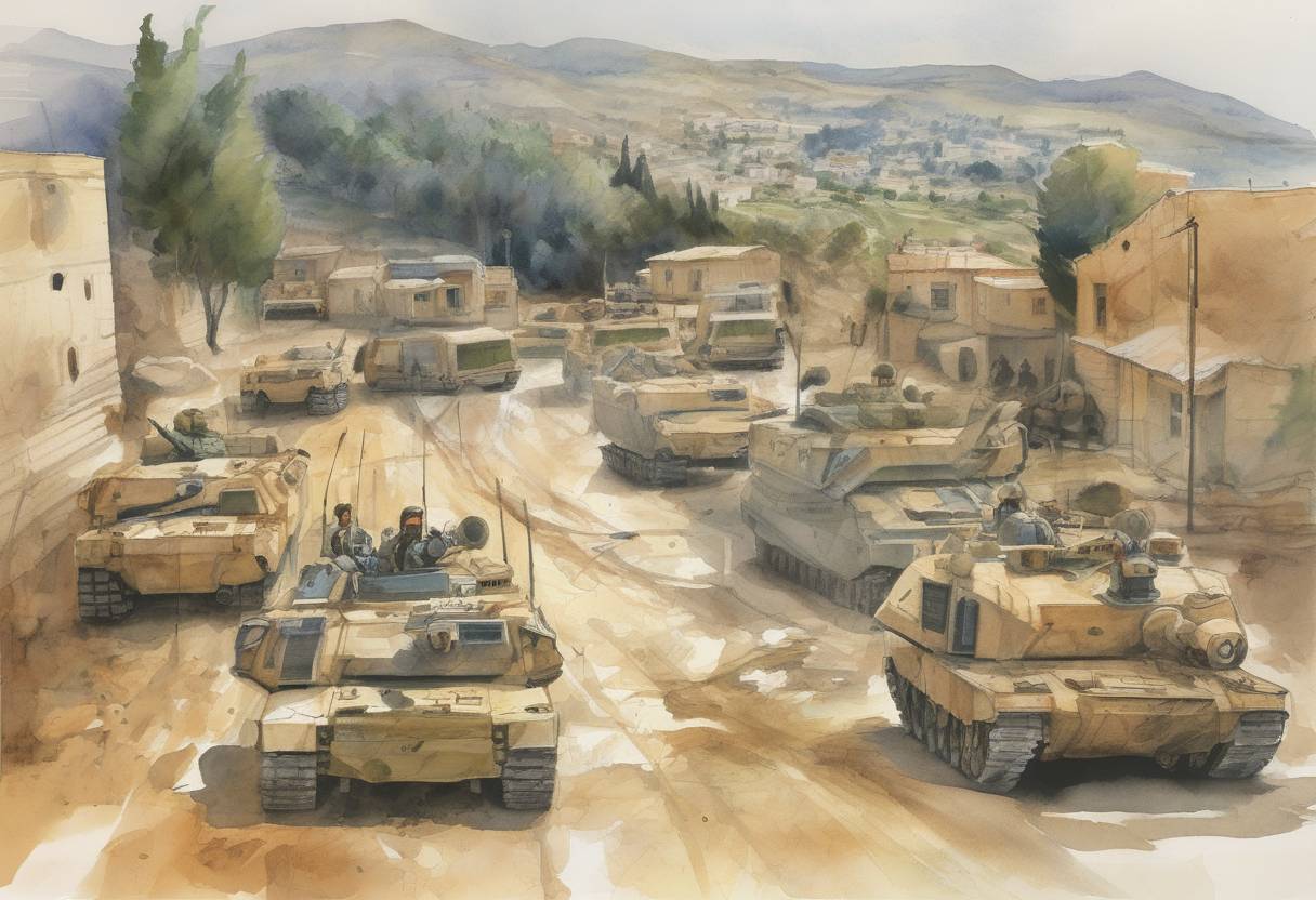 Watercolor painting based depiction of Israel withdraws its forces from southern Lebanon after 22 years of occupation, marking the end of the South Lebanon conflict. (2000)