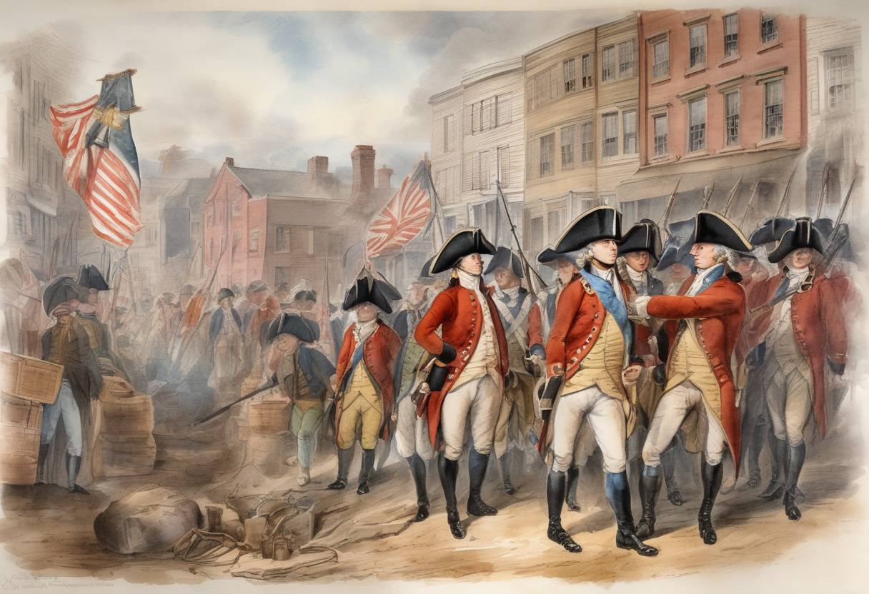 Watercolor painting based depiction of British forces evacuated Boston during the American Revolutionary War, marking a significant victory for the Continental Army. (1776)