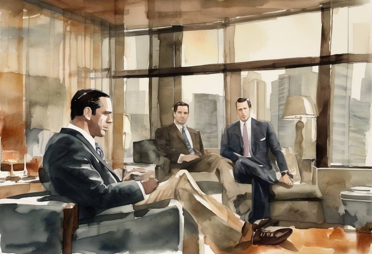 Watercolor painting based depiction of The first episode of the television series 'Mad Men' is filmed, marking the beginning of a critically acclaimed show that would influence television storytelling. (2007)