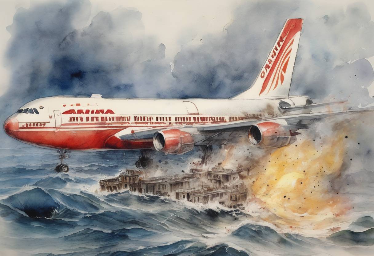 Watercolor painting based depiction of Air India Flight 182 was destroyed by a bomb over the Atlantic Ocean, killing all 329 people on board, in one of the deadliest aviation disasters involving terrorism. (1985)