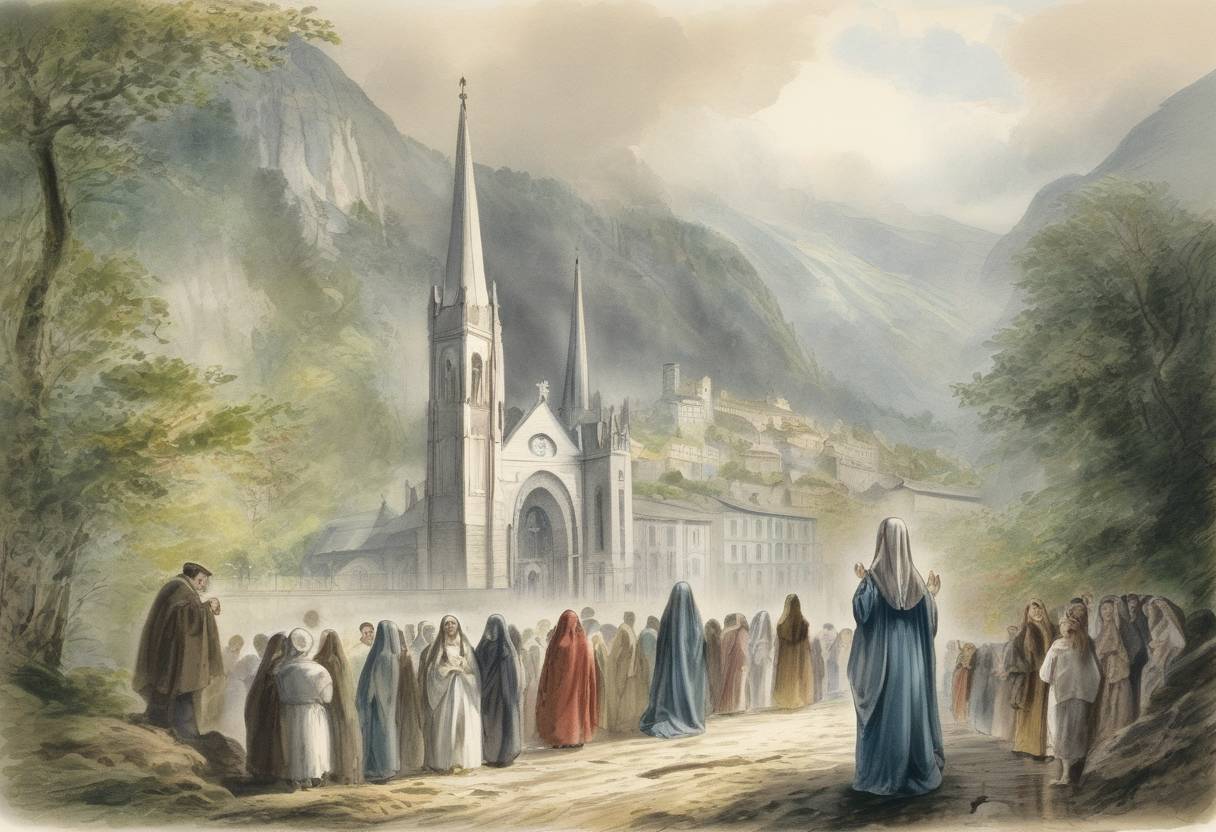 Watercolor painting based depiction of The first apparition of the Virgin Mary to 14-year-old Bernadette Soubirous occurs at Lourdes, France, leading to the establishment of Lourdes as a major site of pilgrimage. (1858)