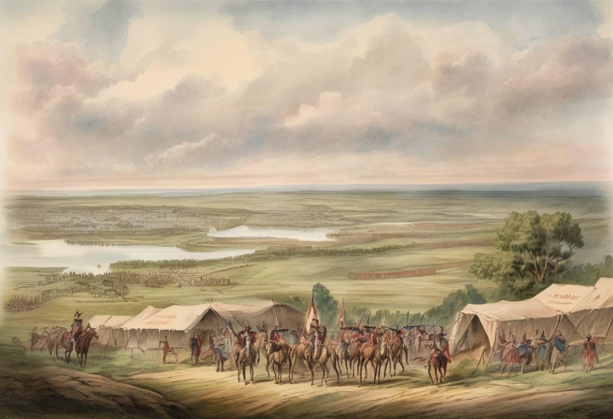 Watercolor painting based depiction of The Indian Removal Act is signed into law by President Andrew Jackson, authorizing the forced relocation of Native American tribes living east of the Mississippi River to lands west of the river. (1830)