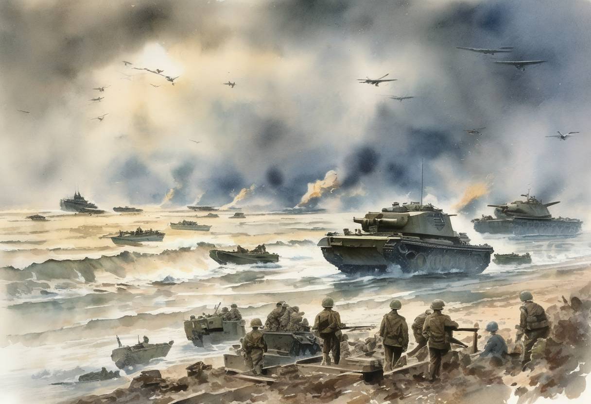 Watercolor painting based depiction of D-Day: Allied forces launched a massive invasion of Nazi-occupied France, landing on the beaches of Normandy. (1944)