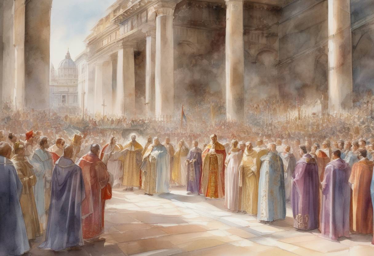 Watercolor painting based depiction of Stephen II is elected as pope, although he dies before his consecration, leading to the election of Pope Stephen III. (752)