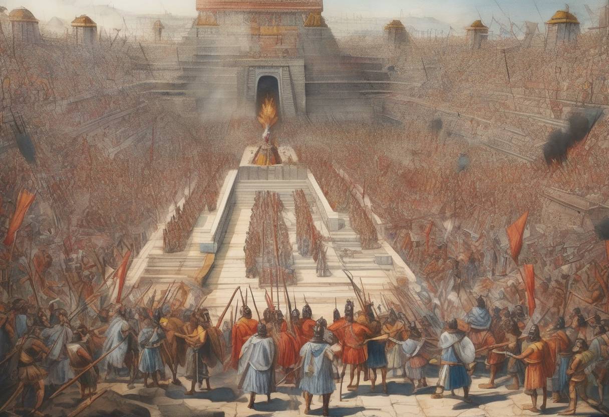 Watercolor painting based depiction of The Aztec king Cuauhtémoc was executed by Spanish conquistadors under Hernán Cortés, marking a significant moment in the Spanish conquest of the Aztec Empire. (1525)