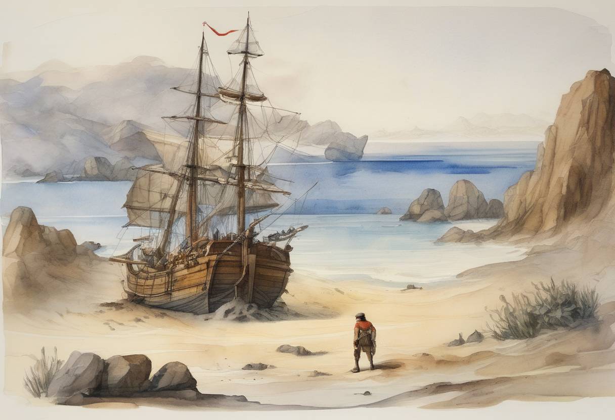 Watercolor painting based depiction of Alexander Selkirk, a Scottish sailor, was rescued after being marooned on a desert island, inspiring Daniel Defoe's novel 'Robinson Crusoe'. (1709)