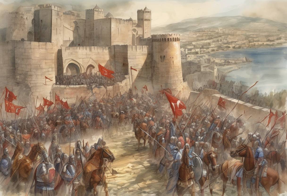 Watercolor painting based depiction of The Siege of Antioch during the First Crusade ends with the Crusaders capturing the city from the Seljuk Turks. (1098)