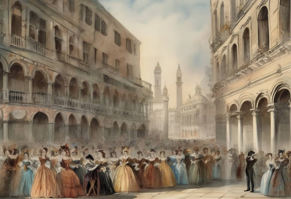 Watercolor painting based depiction of The first performance of Giuseppe Verdi's opera 'Rigoletto' took place in Venice. (1851)