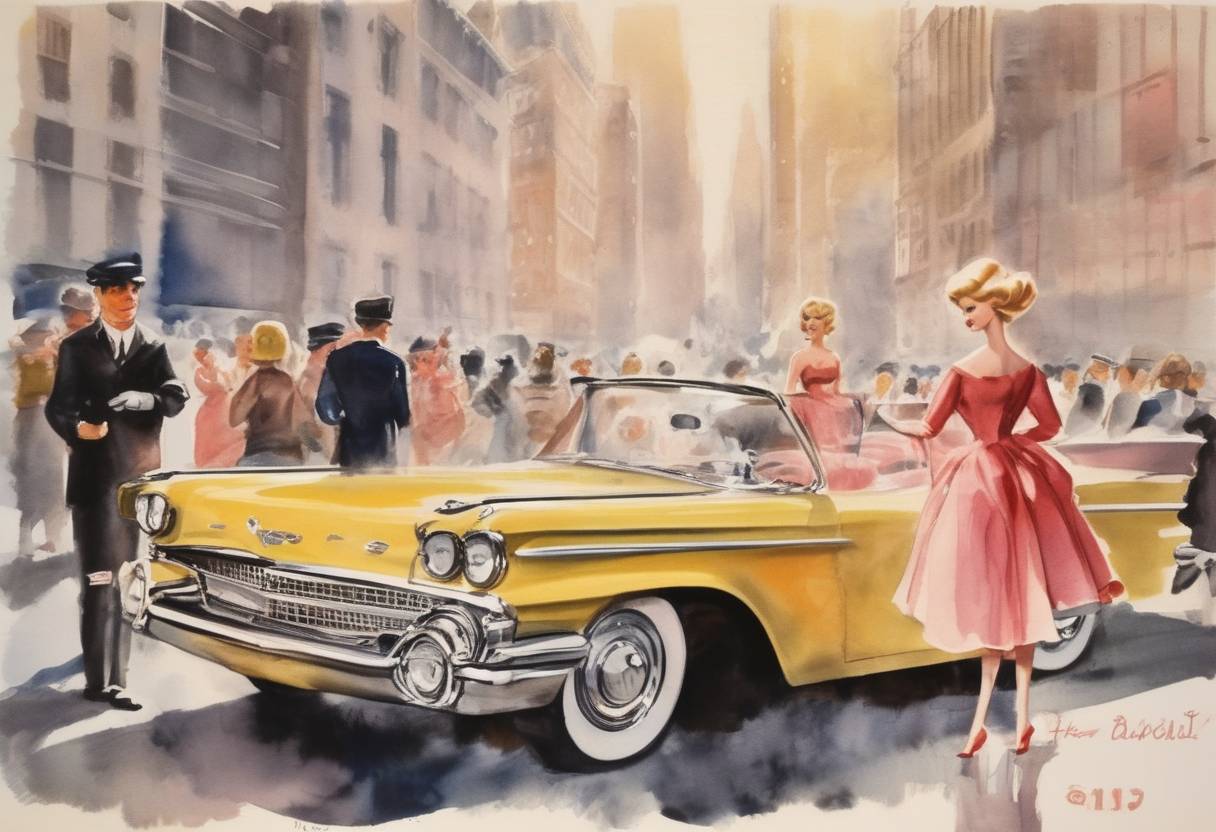 Watercolor painting based depiction of The Barbie doll made its debut at the American International Toy Fair in New York City, marking the beginning of a cultural phenomenon. (1959)