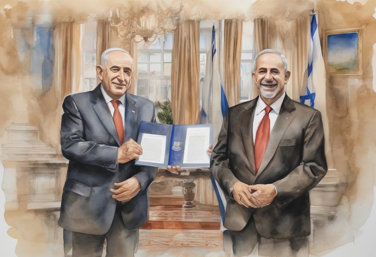 Watercolor painting based depiction of Israel and the United Arab Emirates announced a historic peace agreement, known as the Abraham Accords, which normalized relations between the two countries. This marked a significant diplomatic shift in the Middle East. (2020)