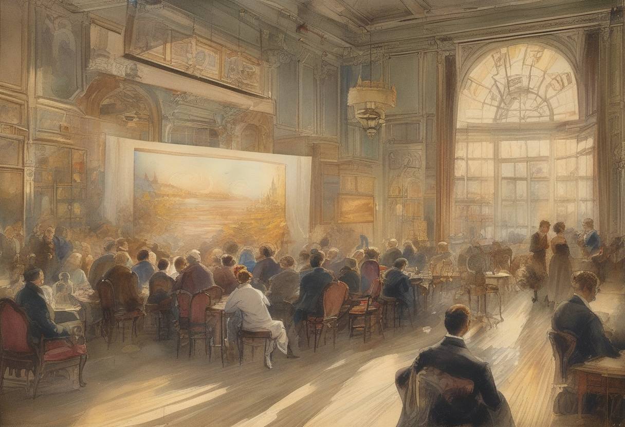 Watercolor painting based depiction of Auguste and Louis Lumière held the first private screening of projected motion pictures at their salon in Paris, France. (1895)
