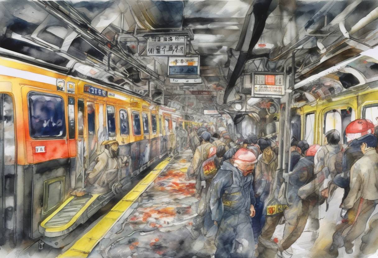 Watercolor painting based depiction of The Tokyo subway sarin attack was carried out by the Aum Shinrikyo cult, resulting in 13 deaths and thousands of injuries, highlighting the threat of domestic terrorism. (1995)