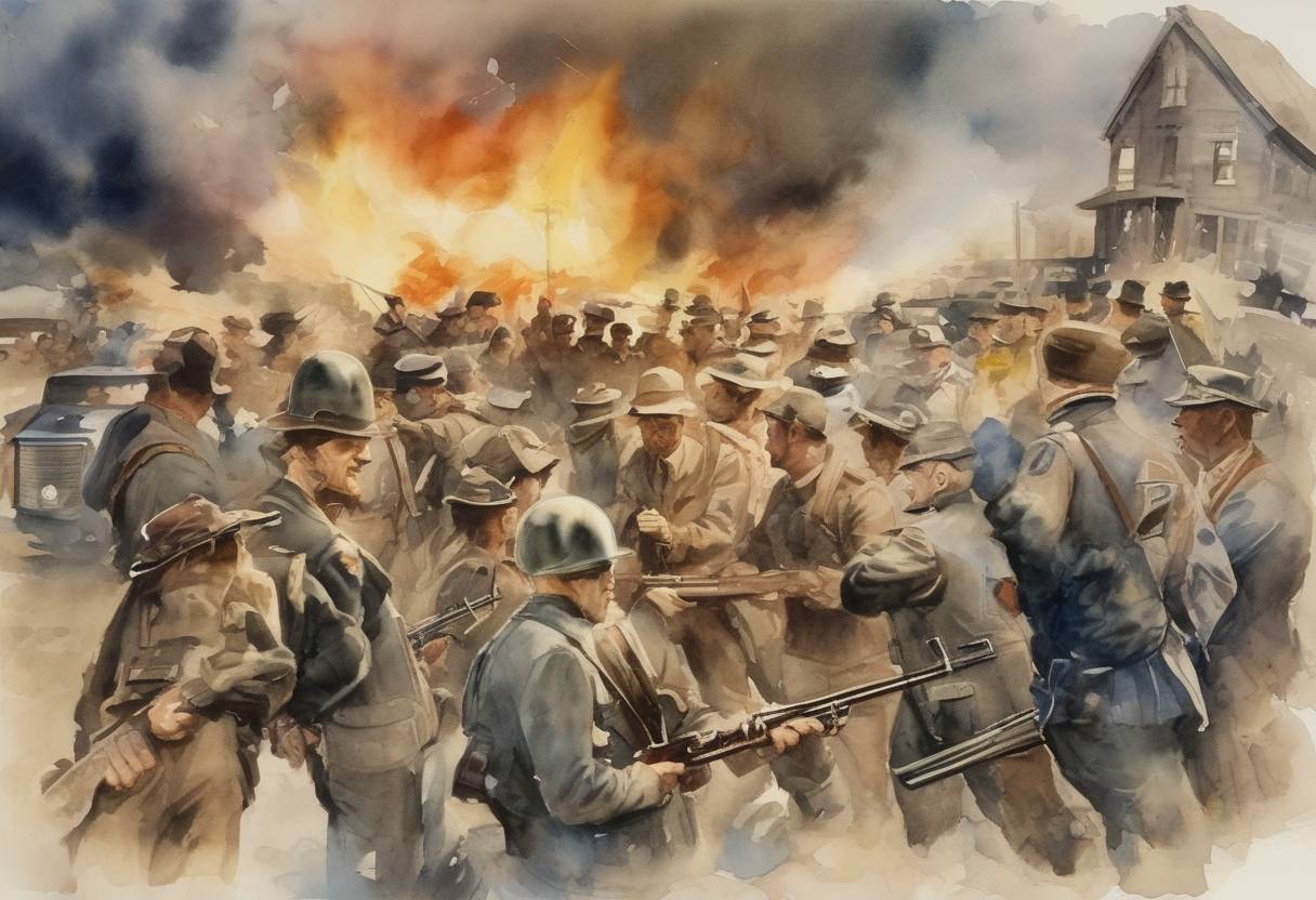 Watercolor painting based depiction of The second Palmer Raid took place in the United States, targeting suspected radicals and anarchists. (1920)