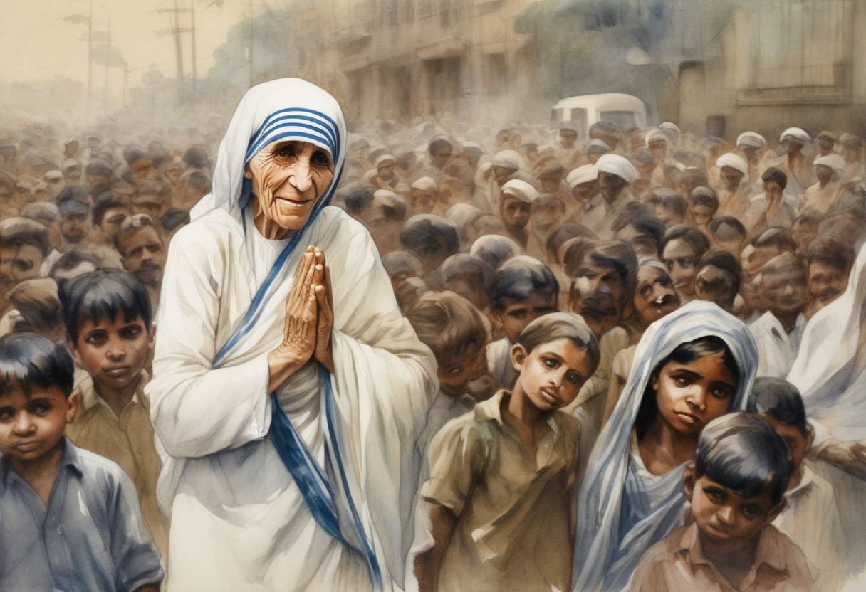 Watercolor painting based depiction of Mother Teresa arrived in Calcutta, India, to begin her work with the poor. (1929)