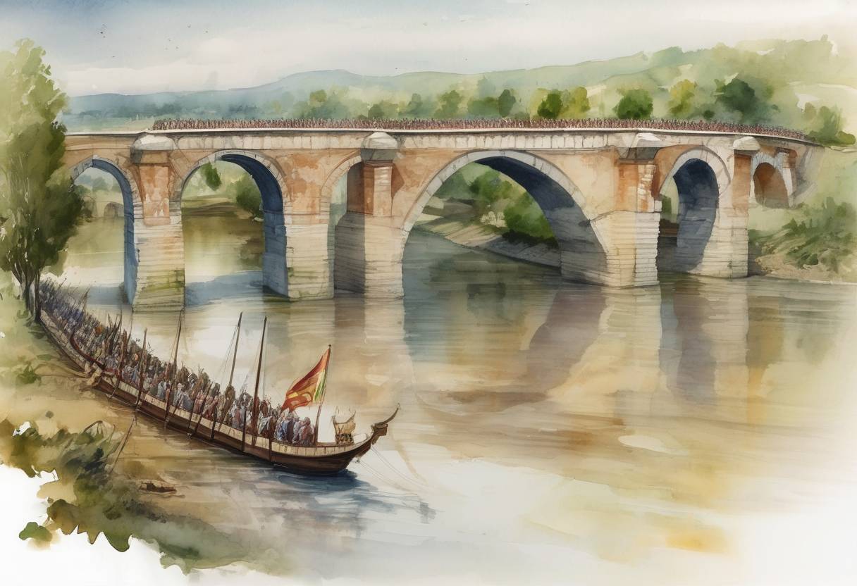 Watercolor painting based depiction of The official dedication of the Bridge of Constantine, a Roman bridge over the Danube River, took place. This bridge was constructed under the reign of Emperor Constantine the Great and served as a significant military and trade route. (328)