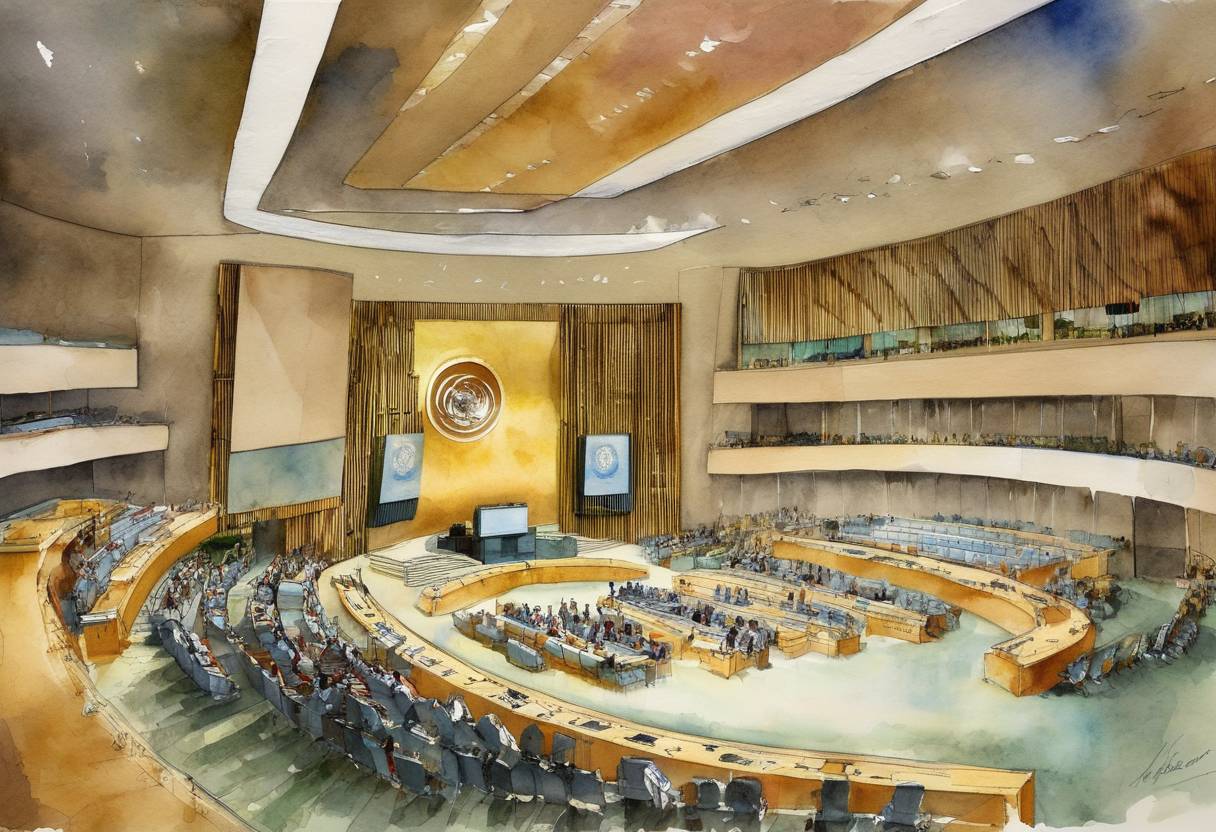 Watercolor painting based depiction of The United Nations General Assembly voted to create UN Women, an entity dedicated to gender equality and the empowerment of women. (2010)