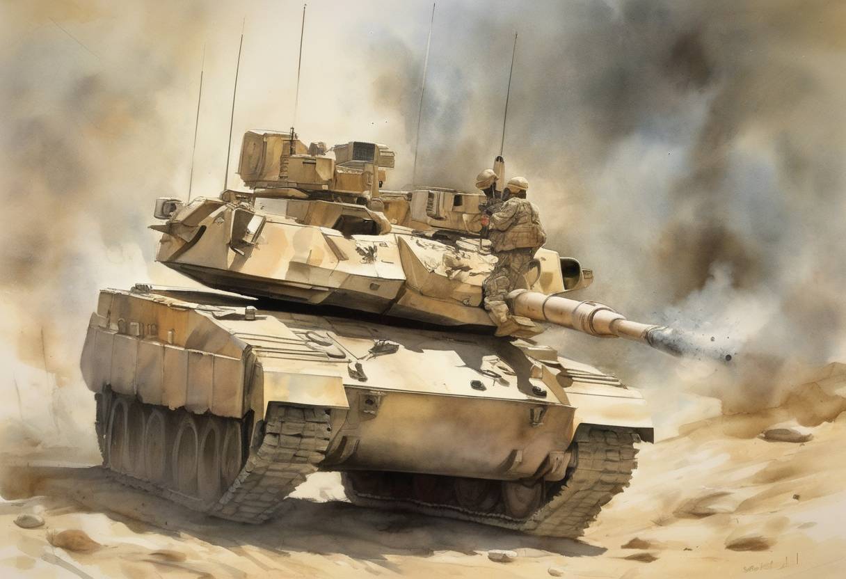 Watercolor painting based depiction of Operation Desert Shield was launched by the United States to protect Saudi Arabia following Iraq's invasion of Kuwait, leading to the Gulf War. (1990)