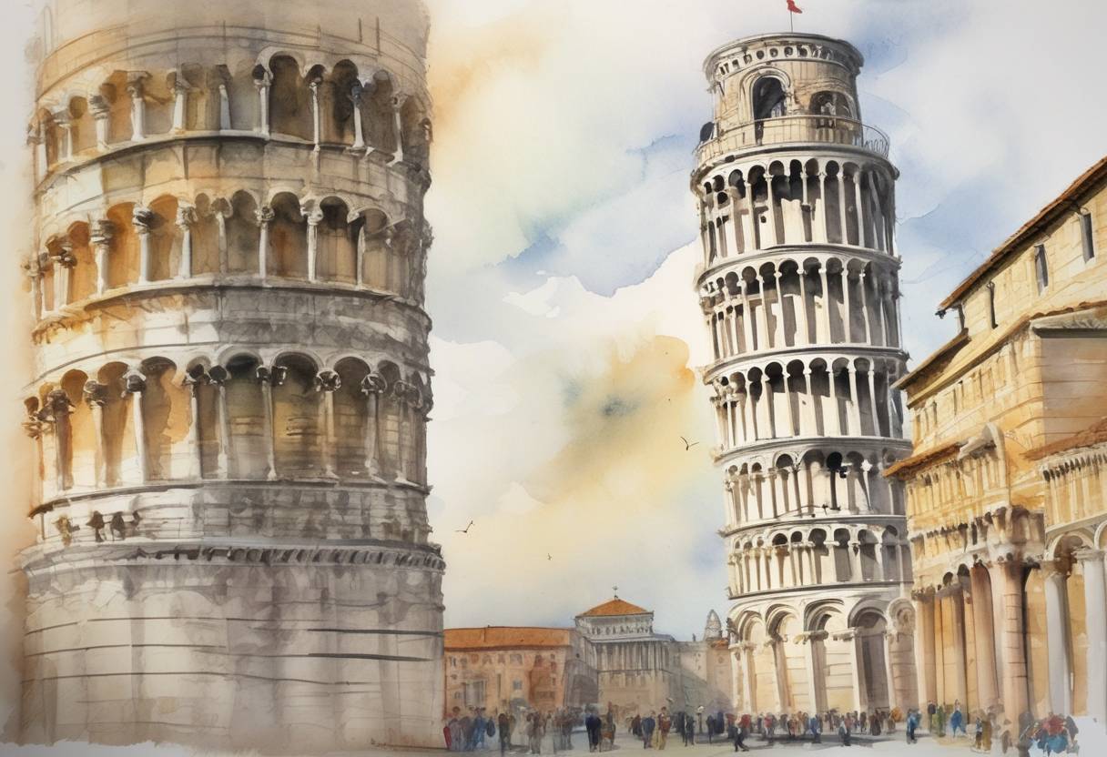 Watercolor painting based depiction of Construction of the Leaning Tower of Pisa began. (1173)