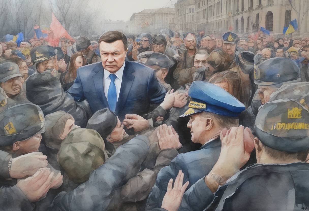 Watercolor painting based depiction of Ukrainian President Viktor Yanukovych was removed from office following months of protests and civil unrest, known as the Euromaidan movement. This event marked a significant turning point in Ukraine's political landscape. (2014)