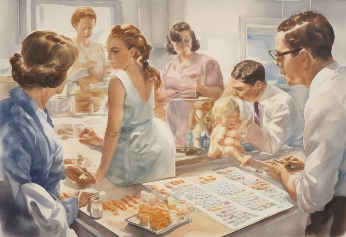 Watercolor painting based depiction of The U.S. Food and Drug Administration approved the first commercially produced birth control pill, Enovid, marking a significant moment in reproductive rights. (1960)