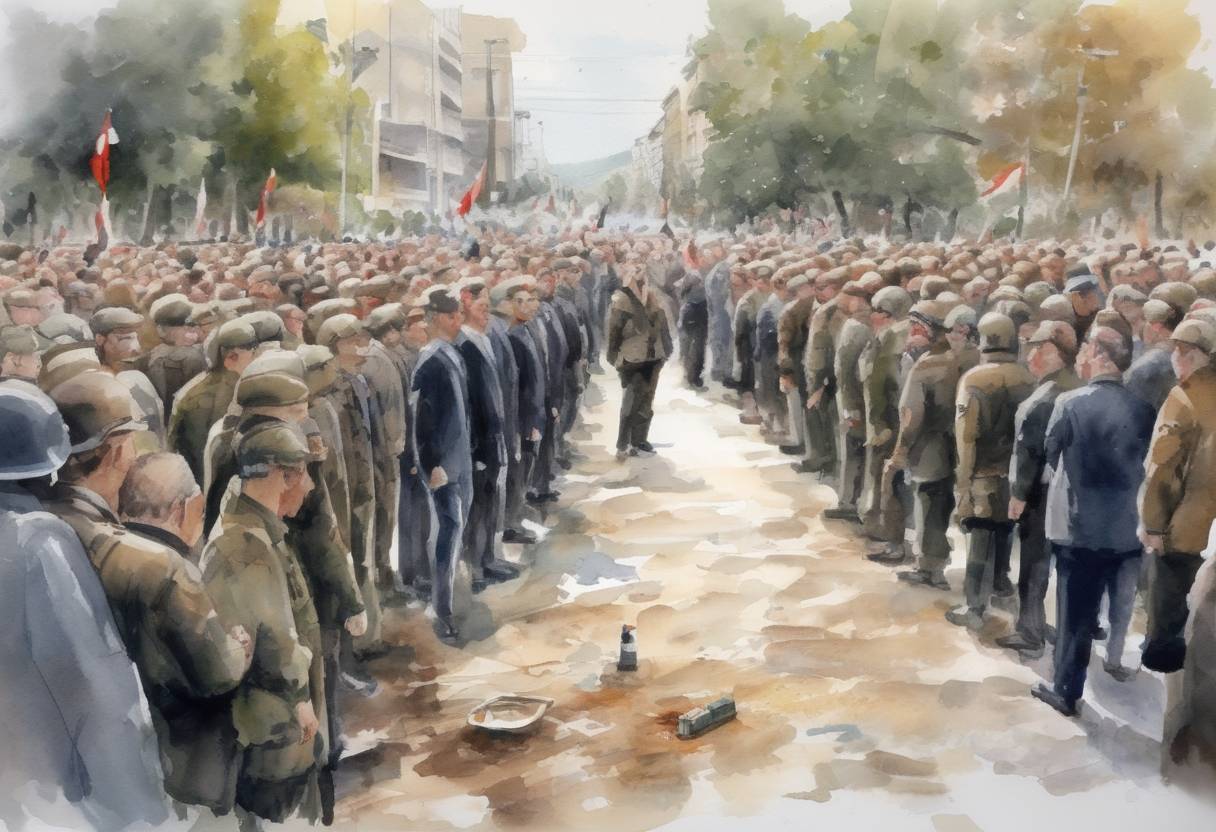Watercolor painting based depiction of A hand grenade was thrown at a rally attended by U.S. President George W. Bush in Tbilisi, Georgia, but failed to detonate properly. (2005)