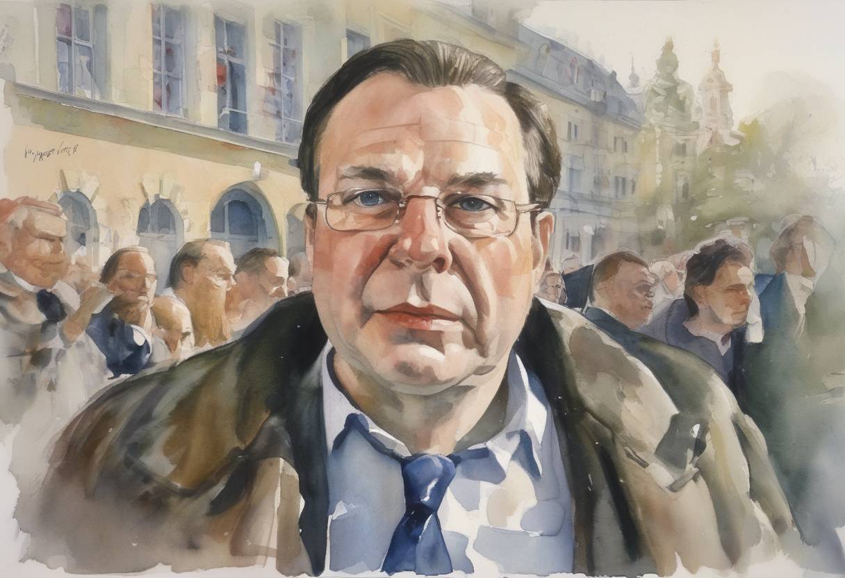 Watercolor painting based depiction of The controversial figure Jörg Haider resigns as governor of the Austrian state of Carinthia amid international criticism of his far-right Freedom Party's participation in the Austrian government. (2000)
